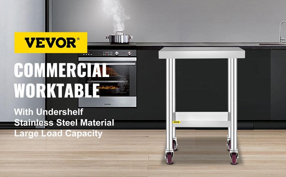 VEVOR Stainless Steel Work Table 3-Stage Adjustable Shelf with 4 Wheels Heavy Duty Commercial Food Prep Worktable with Brake for Kitchen Prep Work,Stainless Steel Work Table