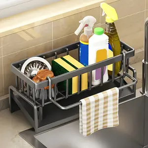 Kitchen Sink Sponge Holder Organizer with Drain Tray, Stainless Steel Sink Caddy for Sponge, Dish Brush and Soap Dispenser, Countertop Kitchen Sink Organizer with Divider and Rag Rack, Fast Draining Sink Sponge Holder for Kitchen or Bathroom