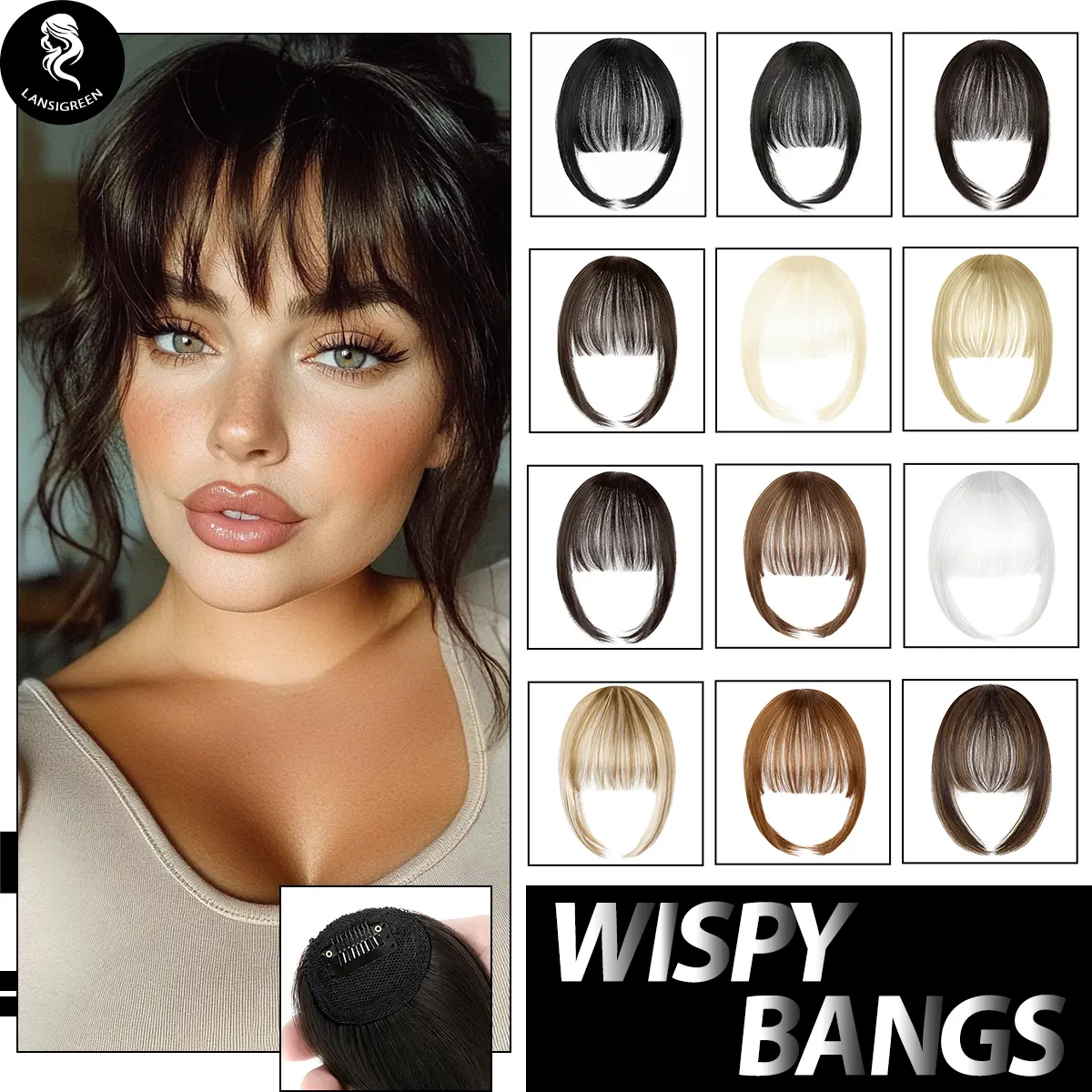 Lansigreen Clip in Bangs, Messy Loose Curly Synthetic Hair Extensions for Women with Temples, Wispy Fringe for a Natural Look, Extensions Hair, Messy Curly Bangs, Messy Curls