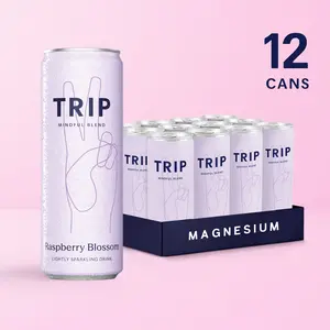 TRIP Raspberry Blossom - Premium Lightly Sparkling Drink with Magnesium, Ashwagandha, Lion's Mane & L-Theanine - Low Calorie & Vegan - Mindful Blends 12 Pack