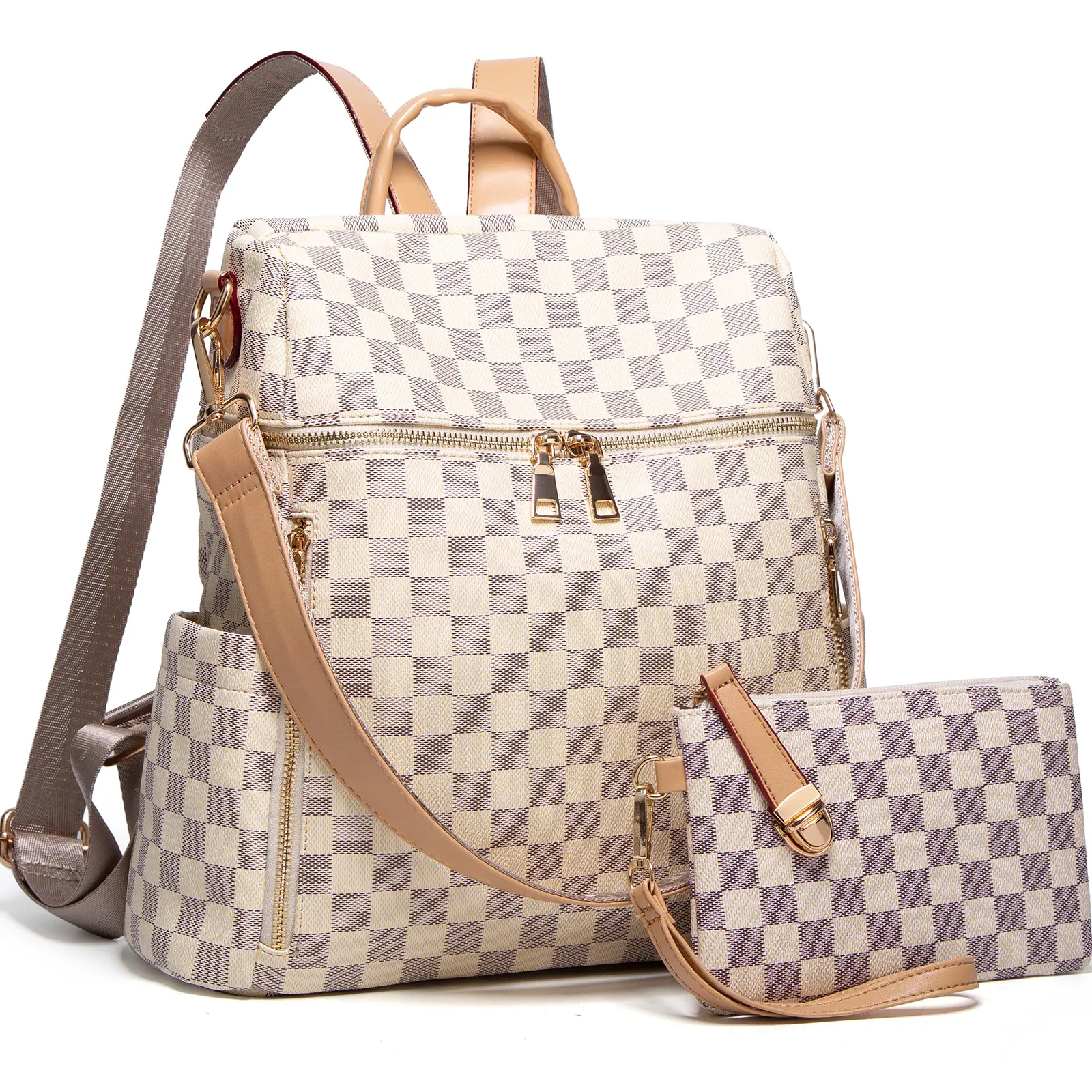 DAREIN Women's PU Leather Convertible Backpack Purse - 3-Piece Checkered Luggage Bag Set with Earphone Port, Everyday Purse Shoulder Bag for Travel, Bags summerwins