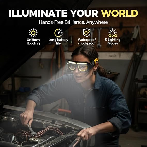 Gesture control LED glasses, rechargeable headlamp sports glasses, 5 modes, USB-C interface, suitable for running, camping, night maintenance, night work, hands-free lighting glasses.