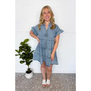 Let's Be Friends Tiered Chambray Dress - Light Wash