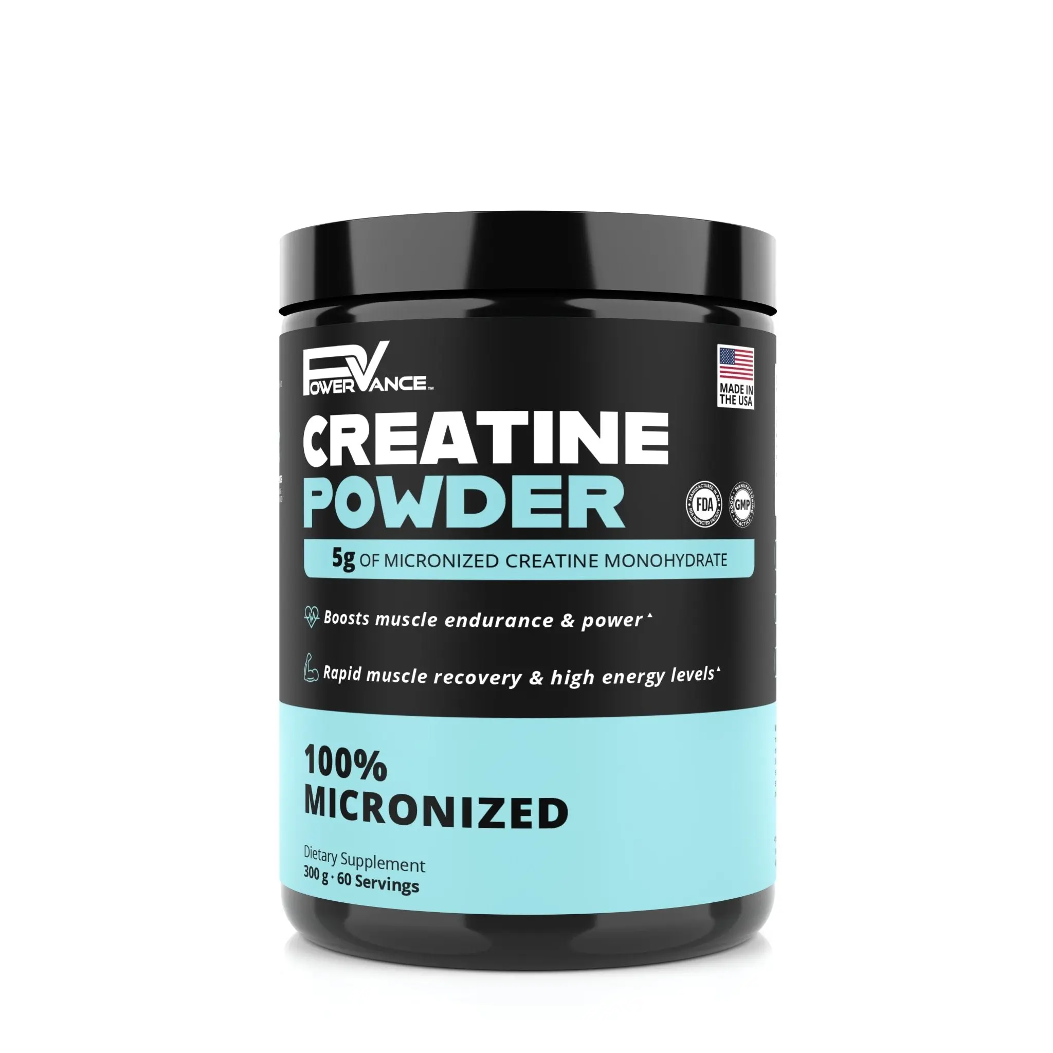 PowerVance Creatine Monohydrate Micronized Powder, 5g per Serving for Strength Performance & Muscle Recovery - Unflavored, 60 Servings, Fitness Healthcare Dietary Supplement - Third-Party Tested