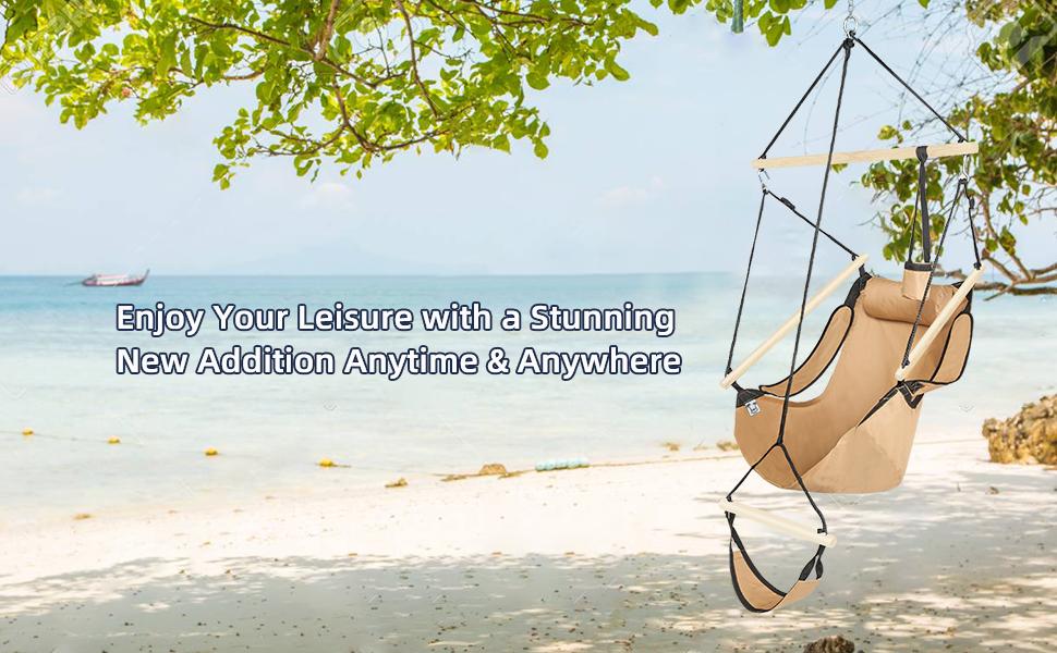 ONCLOUD Upgraded Unique Hammock Hanging Sky Chair, Air Deluxe Swing Seat with Rope Through The Bars Safer Relax with Fuller Pillow and Drink Holder Solid Wood Indoor/Outdoor Patio Yard 250LBS