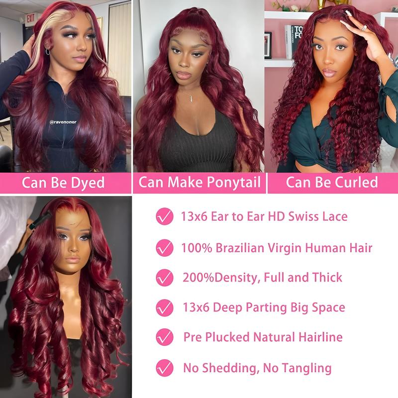 30" 99J Burgundy Body Wave Human Hair Lace Front Wigs 13x6 HD Lace Pre Plucked Glueless Wine Red Colored Wigs For Women Rich Burgundy Color Lightweight Breathable Long-Lasting Styling Versatility