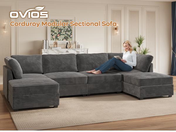 【6 Packages Shipping】Ovios 131" Modular Sectional Sofa Couch  with Ottoman, U-Shaped Minimalist Couches with 2 Oversized Chaise, L-Shaped Modern Deep Seat Cloud Plush Corduroy Sofas Set for Living Room, 6 Seater