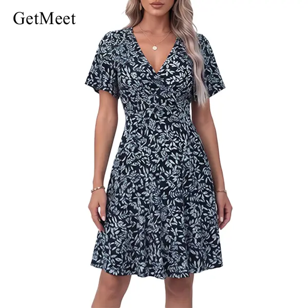 GetMeet dress Womens Summer Dresses Wrap V Neck Dress Floral A-Line Ruffle Sleeve Casual Sundress 2026 New Model  Womenswear, Fitted, Shortsleeve, Vneck