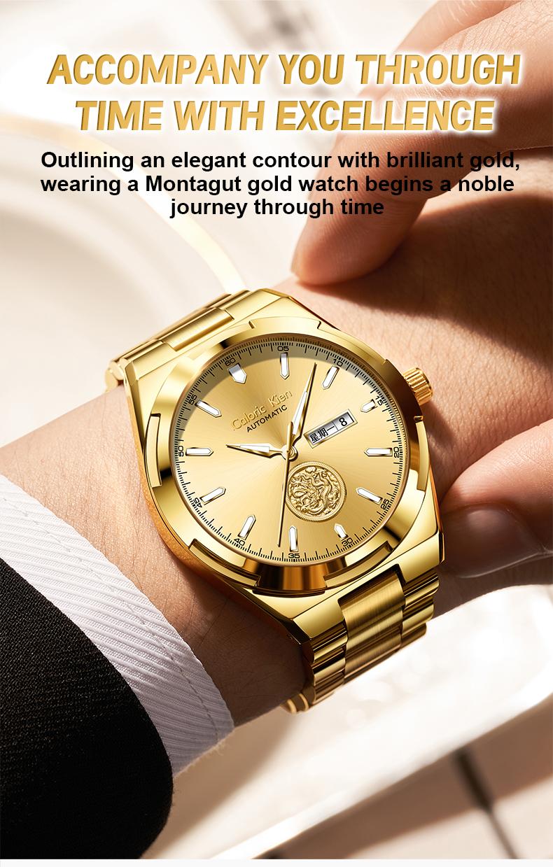 Calonic Kien Men's Luxury Swiss Automatic Gold Watch with Dual Calendar 42mm Stainless Steel Band Luminous Display Water Resistance Buckle