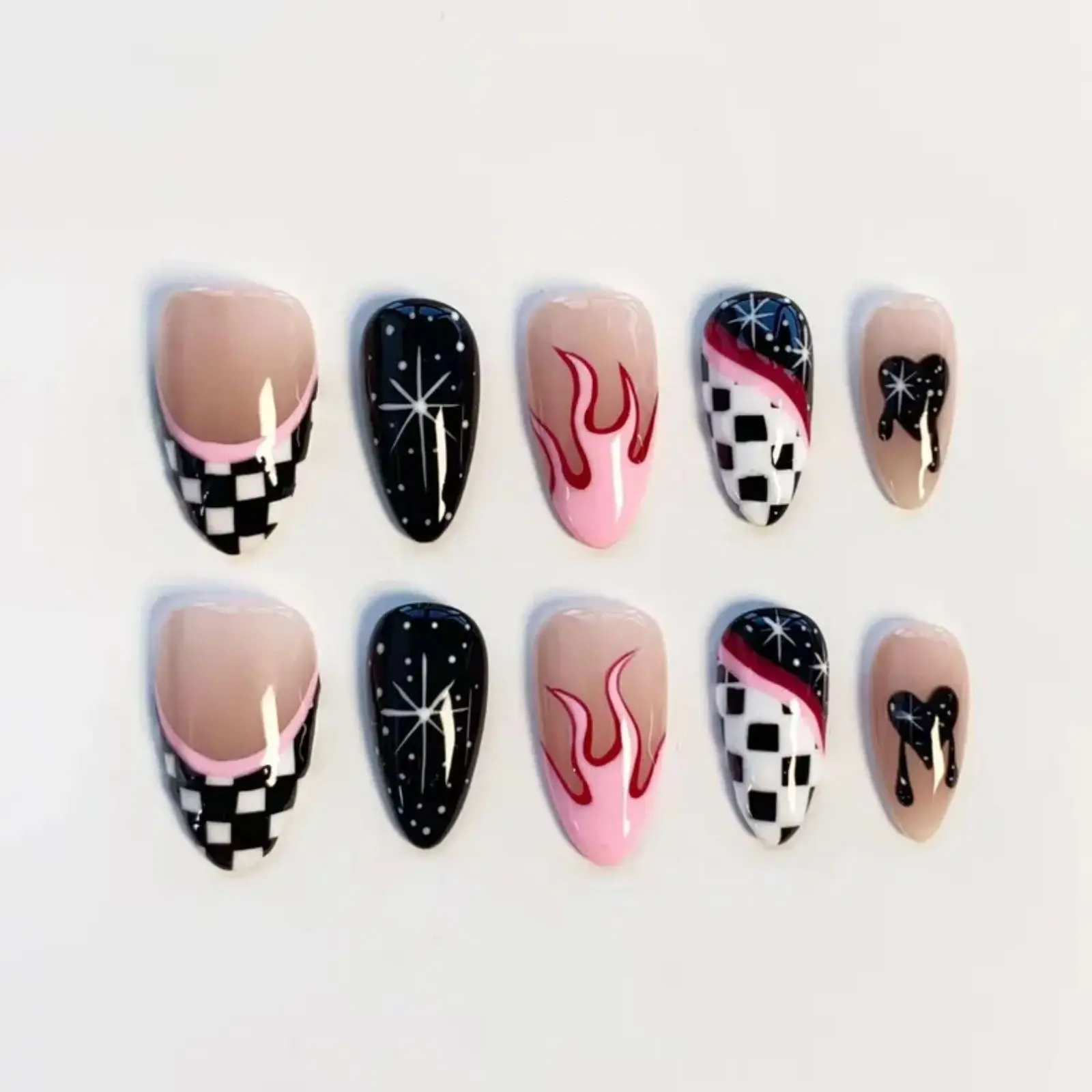 Y2K Checkerboard Press On Nails | Pink Flame & Black Drip Nails | Retro Indie Handmade Press On Nails | Funky Glossy Almond False Nails