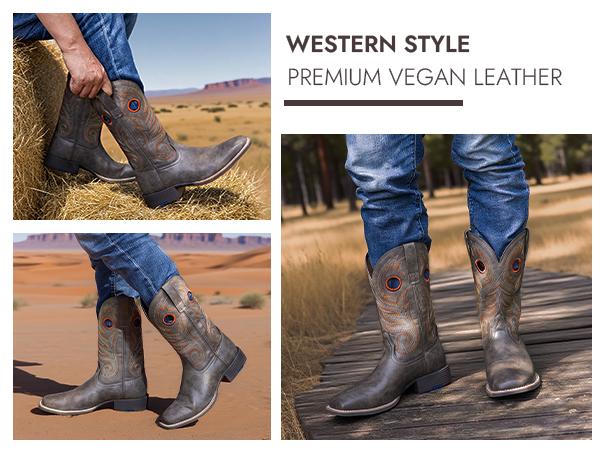 Palitutu Cowboy Boots for Men -Square Toe Botas with Classic Embroidered,Comfortable and Fashion Soft PU Leather,Fashion Closed Walking Shoes