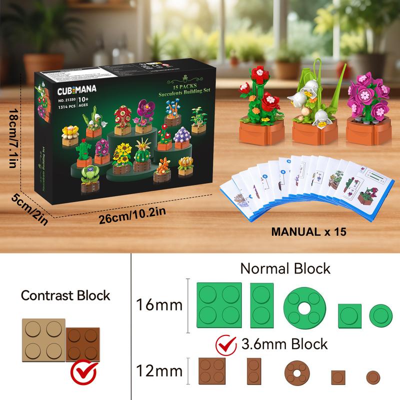 15 Pack Valentines Flowers Plants Mini Building Set - 1314PCS 3.6MM Flower Succulents Botanical Collection Block Toy for Home Office Décor, Birthday Gifts for Adults Women Boys Girls 10+