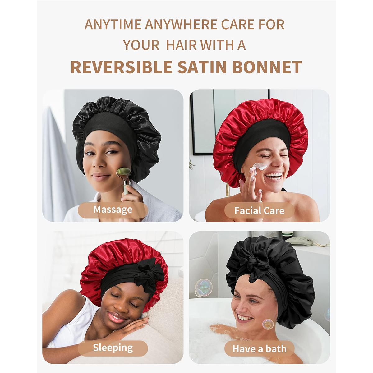 AWAYTR Double Layer Satin Bonnet for Sleeping Cap Women Reversible Hair Bonnets with 2PCS Hair Scrunchies Elastic Tie Band Nightcap Gifts for Women