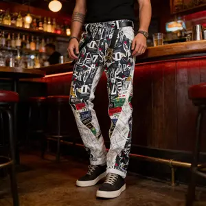 Men's License Plate & Money Print Jeans All Over Print Streetwear Denim Pants | US Fashion Slim Fit Trousers Retro Straight Leg Men's Jeans  Menswear Trendy Cross men boot cut stylish chicago Distressed patchwork old navy selvedge denim baggy jeans