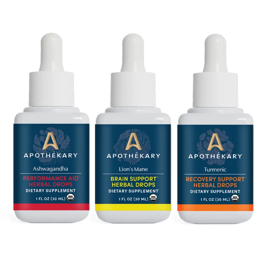 Apothékary Origin Extracts Performance Trio - Ashwagandha, Lion's Mane, and Turmeric Herbal Drops - Dual-Extracted, Whole Plant Extracts - Alcohol-Free, Certified Gluten-Free, Vegan & Cruelty-Free, Third Party Tested, Plant-Based, Made in the USA Suppleme