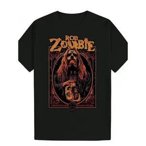 Men's Rob Zombie Graphic Summer T-Shirt - Black Casual Short Sleeve Round Neck Tee with Skull Portrait & Ornate Frame Design, Machine Washable