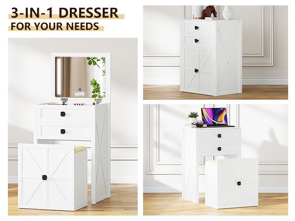 Miu Farmhouse 3 in 1 Vanity with Mirror, 3-Color Adjustable Lighting, Cushioned Stool for Bedroom Organization & Beauty Routines