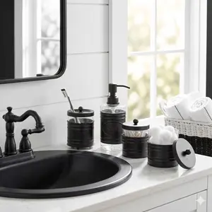 Autumn Alley Matte Black Farmhouse Bathroom Accessory Set | 4-Piece Vanity Set with Soap Dispenser, Toothbrush Holder & Glass Apothecary Jars