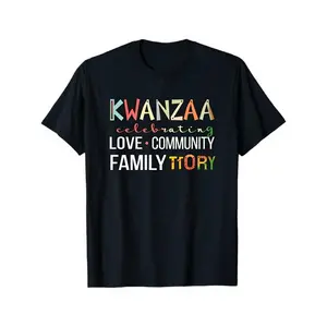 Kwanzaa Celebrating Love Community Family Story Graphic T-Shirt - Unisex Black Short Sleeve Crew Neck Tee with Vibrant African Lettering, Lightweight Casual & Festive Wear for Men & Women, Cultural Pride Apparel for Everyday & Special Occasions