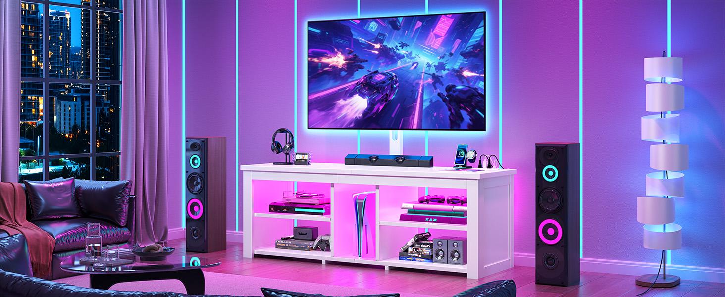 RaybeeFurniture 70 inch TV Stand with Mount & LED Lights, Swivel Modern Entertainment Center with Power Outlet, Wood Media Console for Living Room, Bedroom