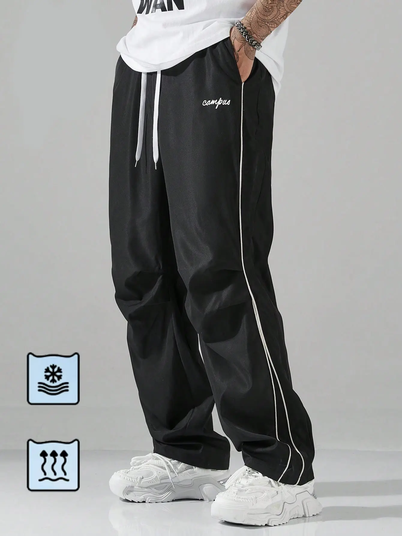 Men's Summer Sports Pants, Gray Side Stripe Polyester Soft Fabric, Straight Leg Drawstring, Casual Fitness Trousers Athleisure Style Bottoms