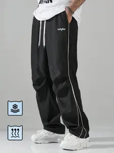 Men's Summer Sports Pants, Gray Side Stripe Polyester Soft Fabric, Straight Leg Drawstring, Casual Fitness Trousers
