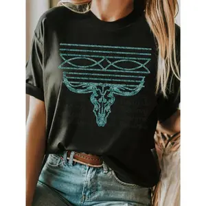WomenS Western Style Turquoise Boot Stitch Cowgirl Shirt Casual Dressy T Shirts Workout Clothes 100 Percent Cotton Breathable And Comfortable Womenswear Tops Black Crewneck