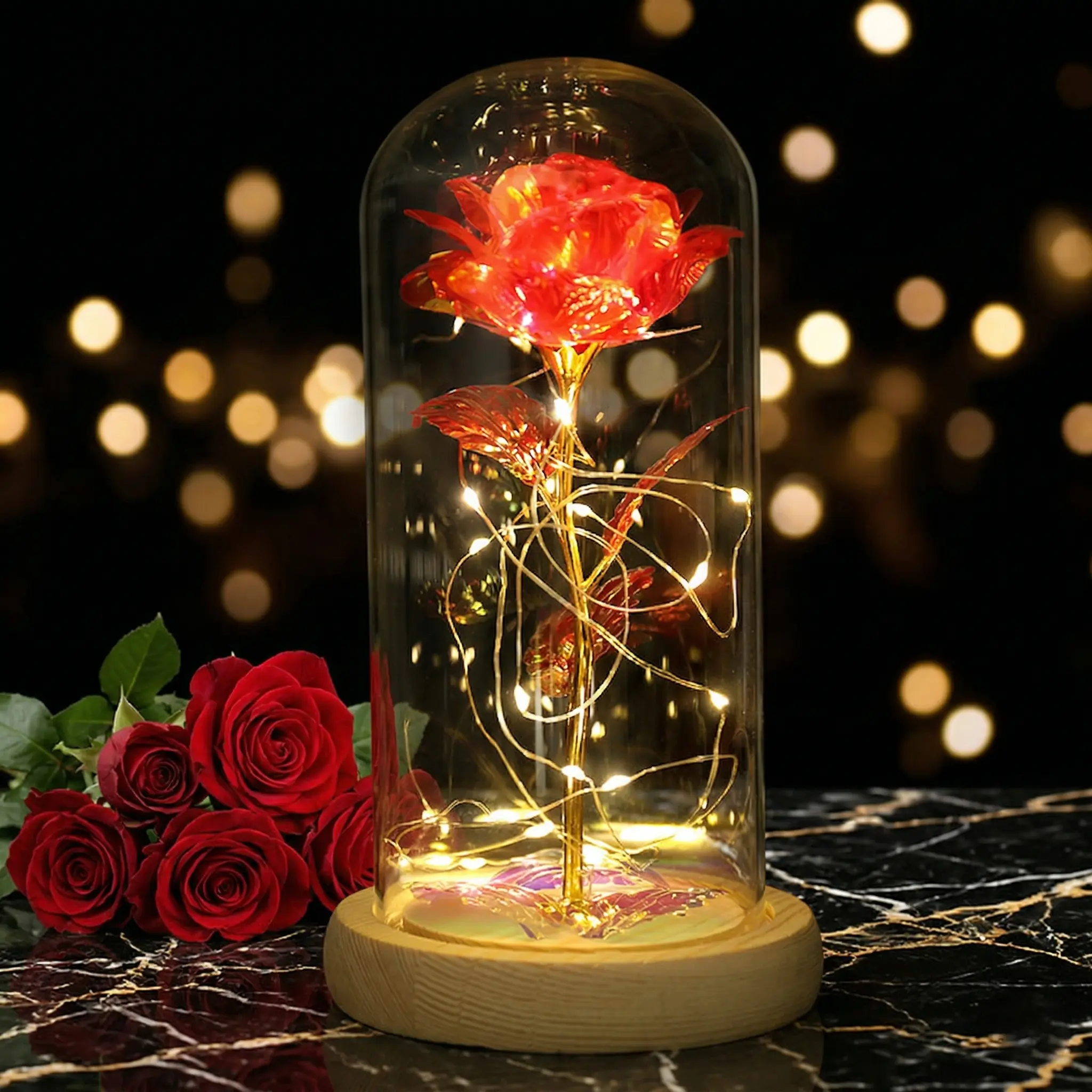 Forever Galaxy Rose in Glass Dome - LED Glow Bear-Shaped Decorative Lights, Flower Design Lamp, Illuminated Bouquet Gift Look Home Decor for Father's Day, summerwins, Artificial Flower Lamp, Night Light