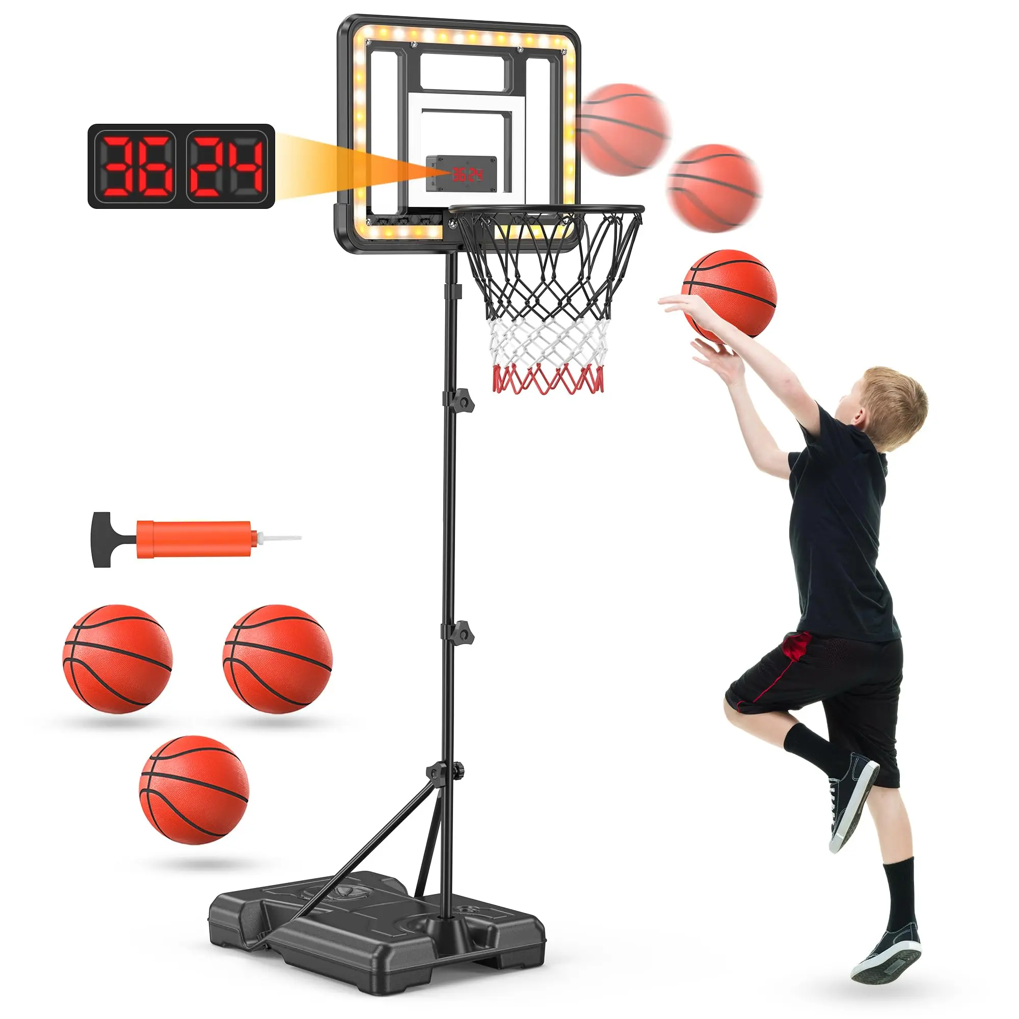 Outspark High-Quality Portable Shatterproof Indoor Mini Basketball Hoop Set for Kids 3-12, LED Light Scoreboard, 2.9ft-5.9ft Adjustable Height, Develops Team Spirit, Aids Children Development, 5x12x74 Inches Black Birthday/Halloween Gift, Birthdays, Led S