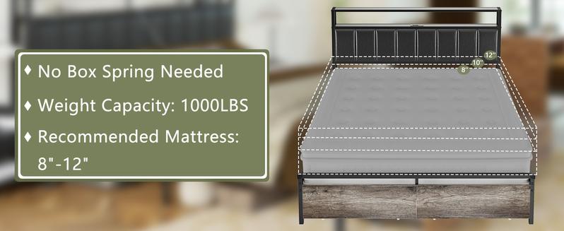 AMERLIFE Bed Frame with 2 Storage Drawers, 2-Tier Storage PU Headboard with Charging Station& LED Lights, No Box Spring Needed/Unique Bedroom Furniture