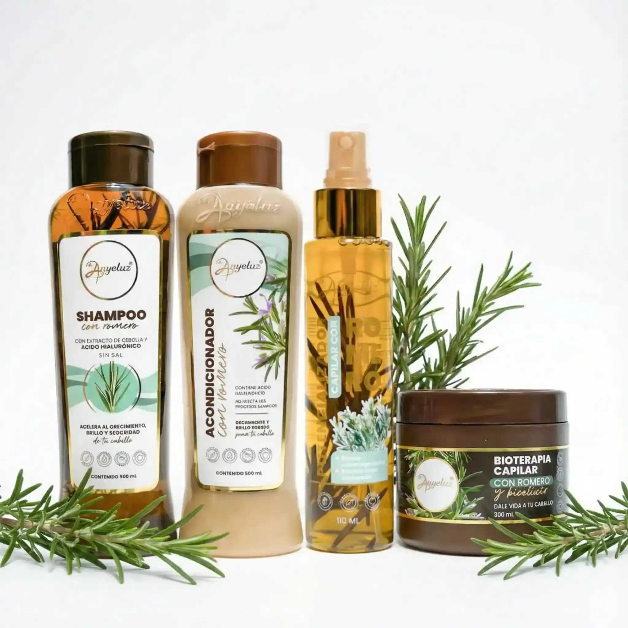 Kit Potencializado Romero Anyeluz - Shampoo Romero + Acondicionador Romero + Mascarilla Romero + Tónico Capilar Crecimiento Romero (4 Pack)
