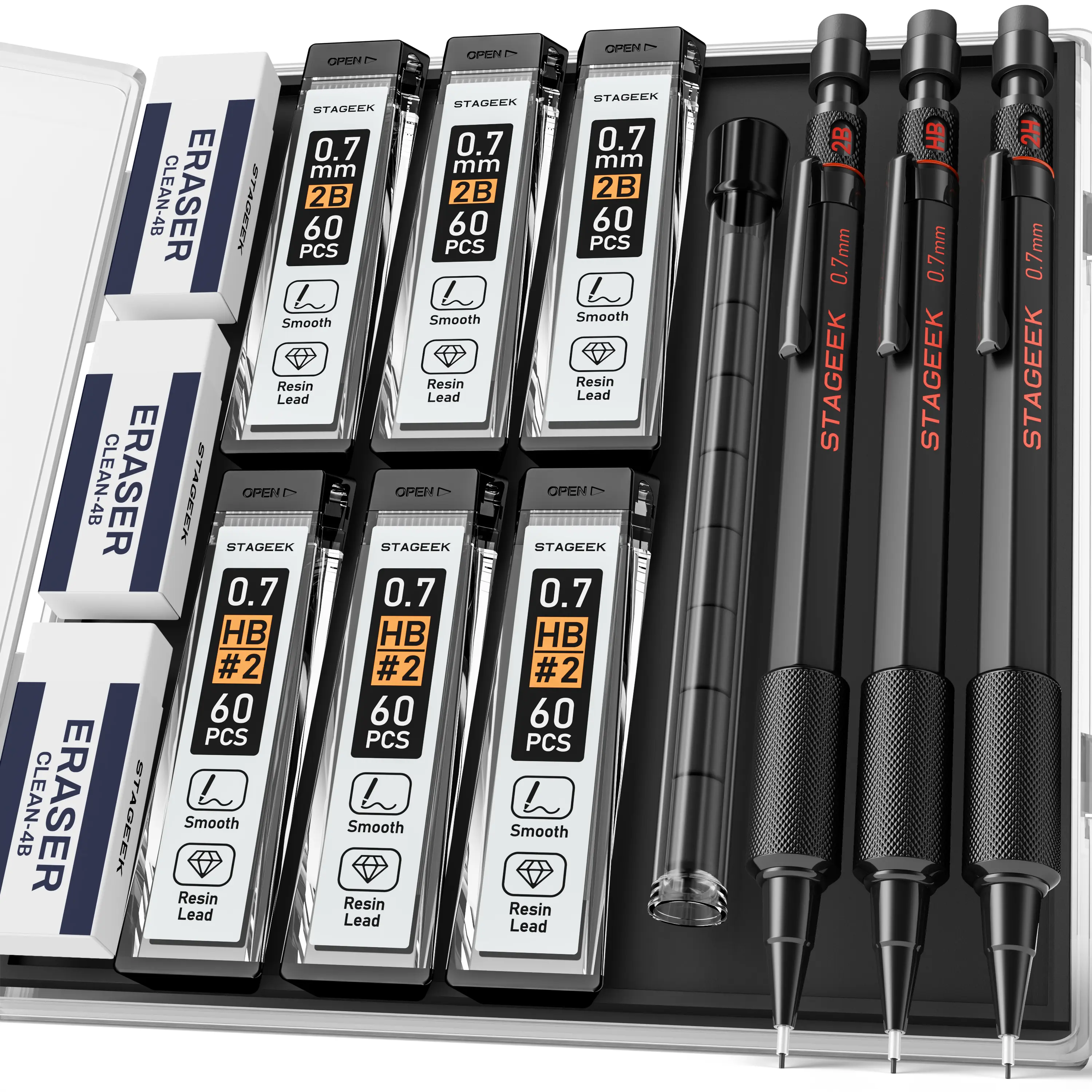 [TikTokshop] STAGEEK Metal Mechanical Pencils (0.7mm, 3PCS) - Back to School Shopping Supplies Set Pack, Back-to-School Ready, Weatherproof Body, 6 Tubes (360PCS) HB & 2B Lead Refills, Case, 4B Erasers for Writing, Drafting, Sketching