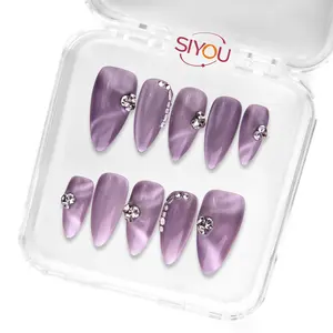 MYSTICAL GLOW Premium Handmade Press-On Nails Long-Lasting Medium Almond Shape Glossy Purple Finish Rich Glossy Purple Iridescent Effects Deep Enchanting Style