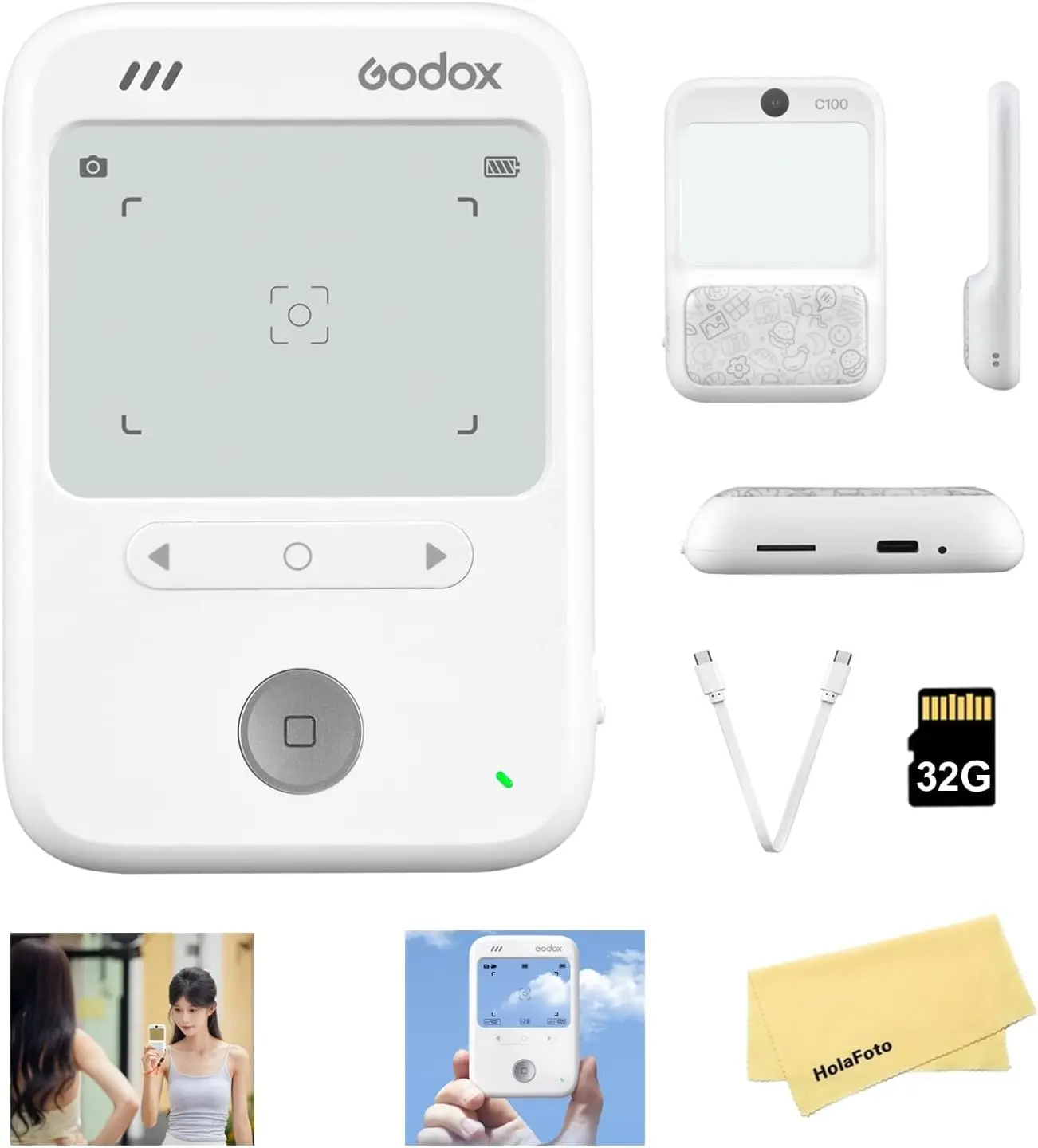Godox C100 Transparent Viewfinder Camera Equipment, 65g Portable Compact, 2MP 1080p Screen, Built-in Flash Light Meter with Center-Weighted Metering, 4 Aspect Ratios, USB-C, 128GB TF Card Kit (Incl. 32GB Card, Lanyard, Pouch) for Vintage Film Cameras