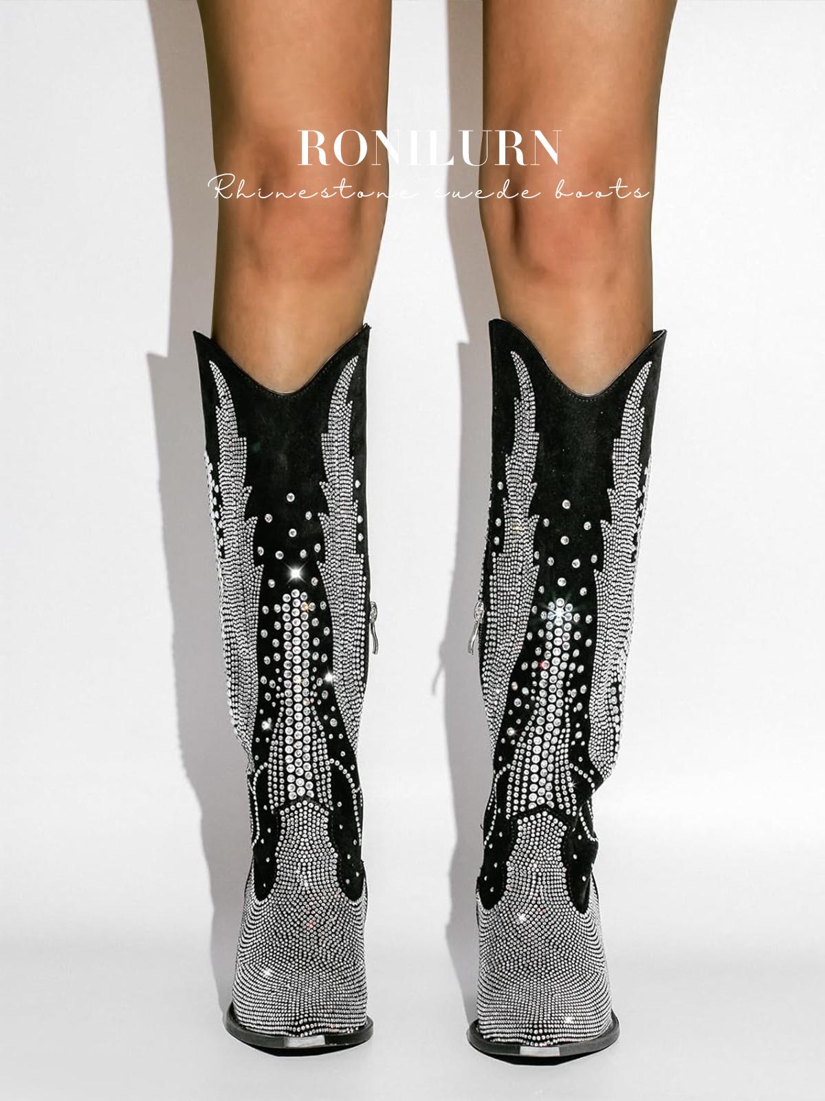 RONILURN Knee High Cowboy Boots for Women Cowgirl Western Boots Rhinestone Bling Pointed Toe Chunky Heel Pull On Fashion Shoes Tall Black Boot dream boots