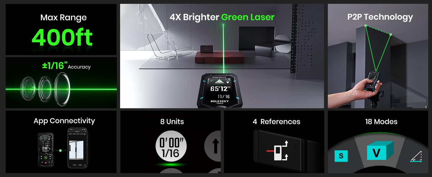 MILESEEY S50 Green-Beam Laser Distance Measure - 400ft Laser Measure, P2P, Side-Laser Alignment, Rechargeable, 2.4" IPS Backlit Display, Area/Volume Measurement, 8 Units, Indoor&Outdoor,Bluetooth app