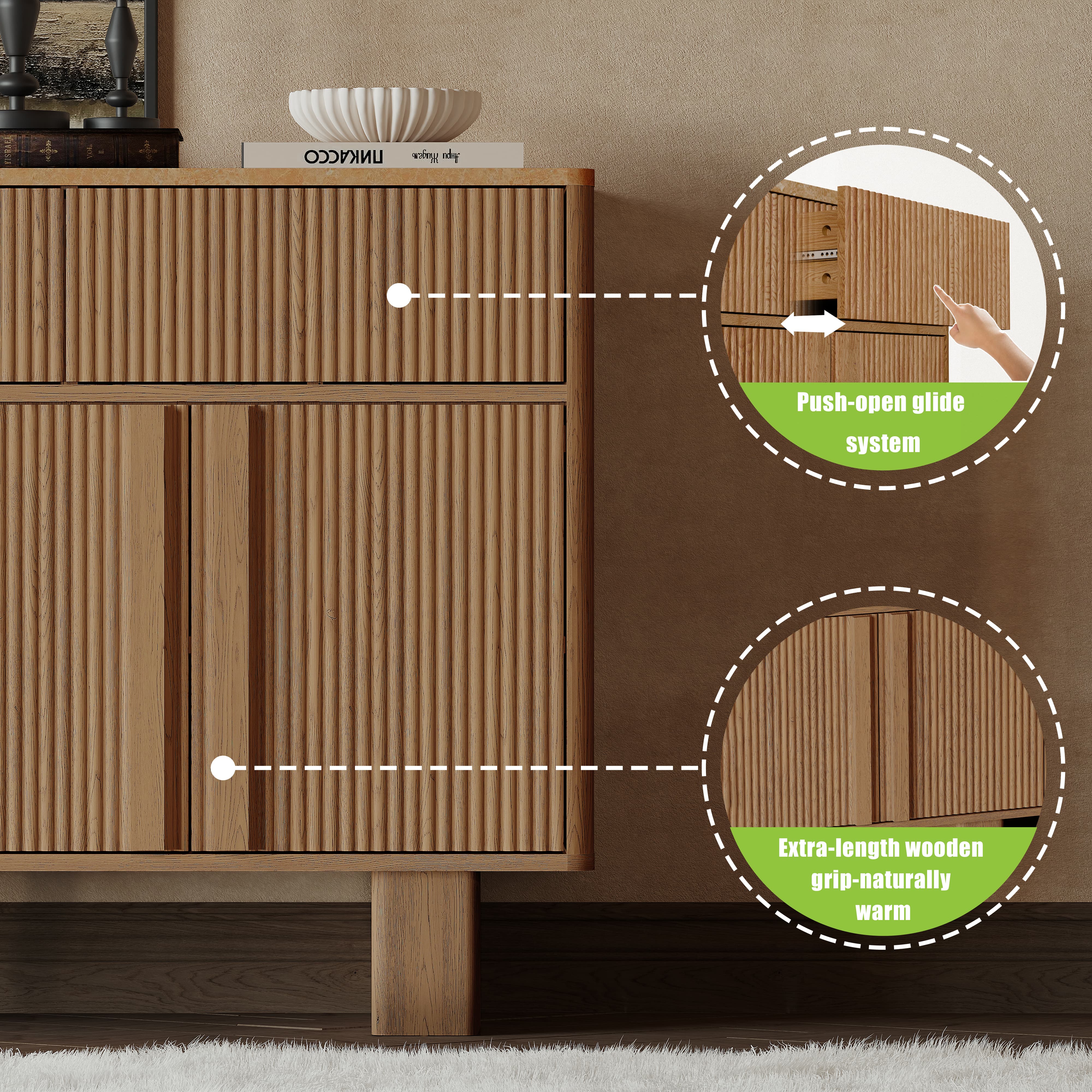 Modern Buffet Cabinet with Storage, 55" Wide Sideboard Cabinet with 3 Drawers and 4 Doors, Reinforced Wide Legs for Dining Room, Entryway & Living Room, Light Oak