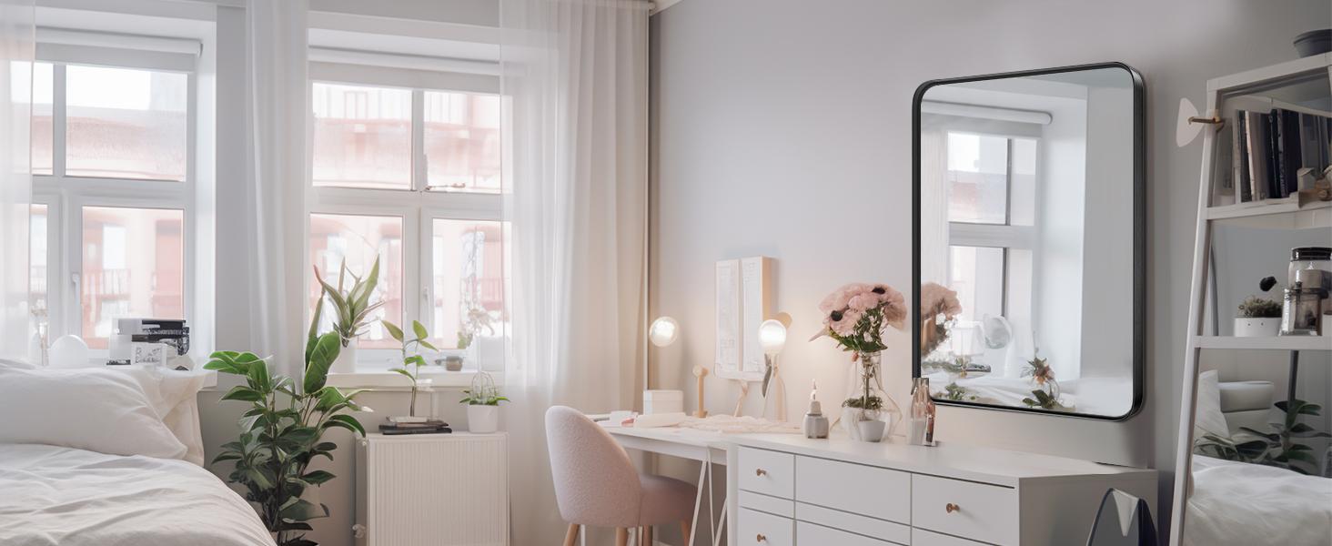 Bathroom Mirror Vanity Mirror for Wall, Aluminum Alloy FramedFarmhouse, Rounded Rectangle ，Anti-Rust,Tempered Glass,Hangs Horizontally or Vertically