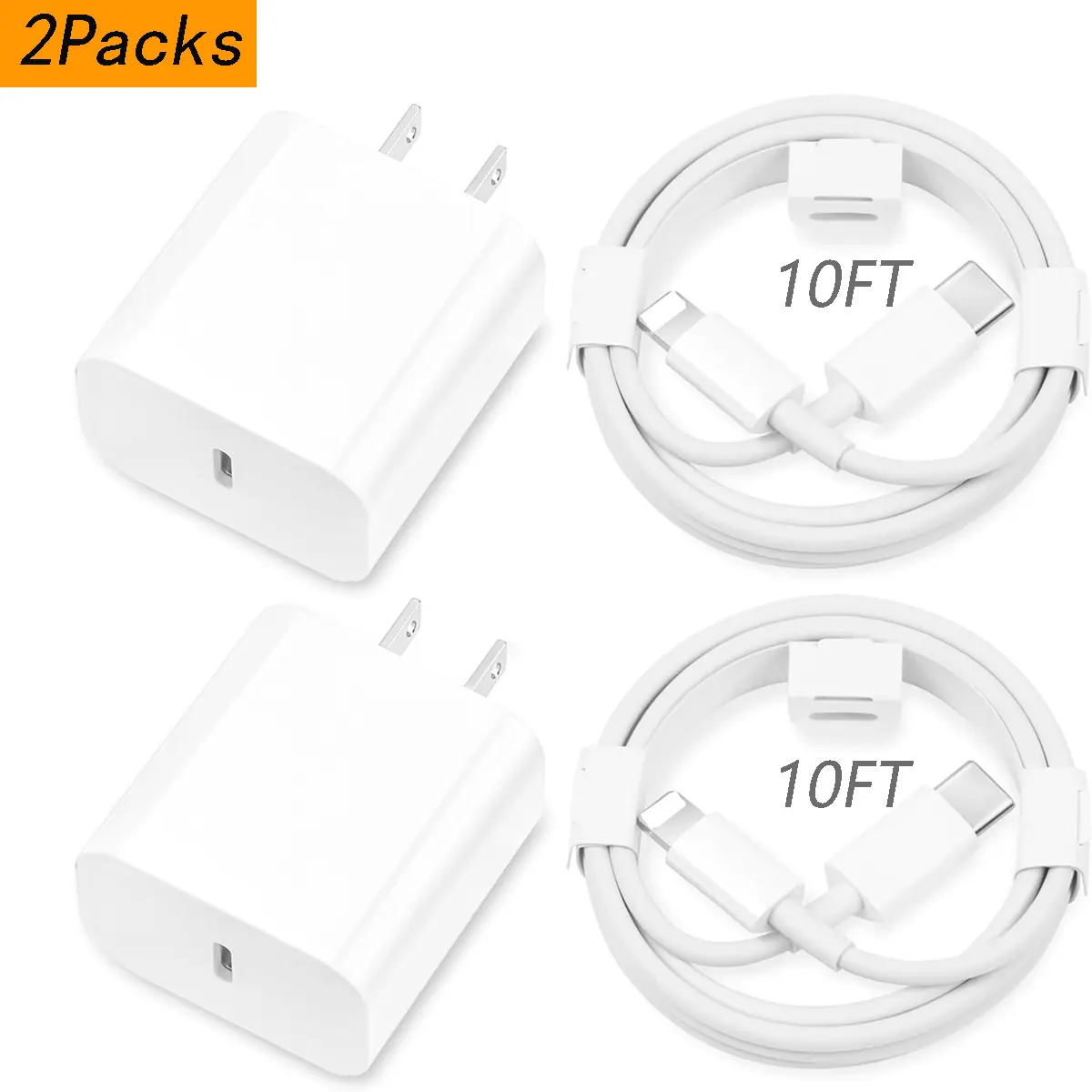 10FT/6FT Super Fast Charging 2-Pack Type-C Wall Charger Block with 2-Pack USB-C to Lightning Cable for iPhone 14/13/12,AirPods Pro, Mobile Smartphone