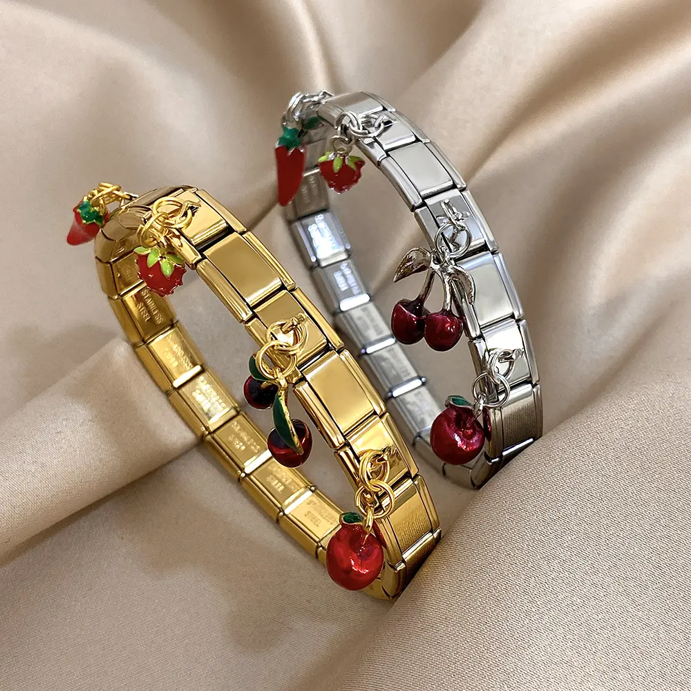 Cute 3D Mixed Fruit Dangle Charm Bracelet, Stainless Steel Italian Stretch Expansion Band, Y2K Coquette Cherry Strawberry Apple Jewelry Gift men backtoschool