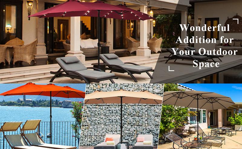 [Costway] 15/13ft Large Patio Umbrella with Solar LED Lights & Base, Extra Large Outdoor Twin Umbrella w/ 48 Lights, for Patio Garden Pool Lawn Backyard, Base Included-Deals for You Days