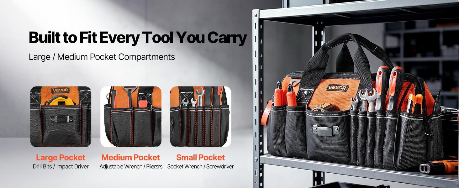VEVOR 15.7-Inch Tool Bag with 33 Multiple Pockets, Dirt-Block ft, Steel Rivets, Soft Handle, Large Zippers, Adjustable Shoulder Strap, Comfortable & Long-Lasting Men's Work Organizer for Repair, Father's Day Gifts, 30Lb, Dirt‑Block Feet VEVOR 15.7-Inch Tool Bag with 33 Multiple Pockets, Dirt-Block ft, Steel Rivets, Soft Handle, Large Zippers, Adjustable Shoulder Strap, Comfortable & Long-Lasting Men's Work Organizer for Repair, Father's Day Gifts, 30Lb, Dirt‑Block Feet