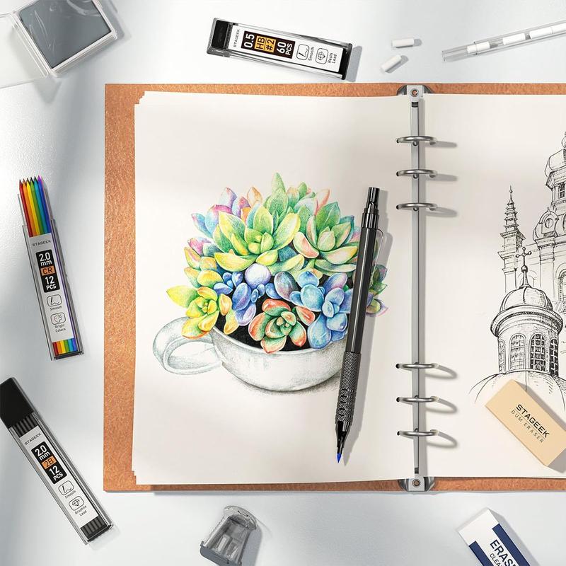 STAGEEK 21PCS Metal Mechanical Pencil Set, Art Lead Pencil 0.3, 0.5, 0.7, 0.9, 2mm Holder(HB 2H 2B 4B Color) with 10 Tubes Graphite Lead Refills Eraser with Case for Drafting Drawing Sketching