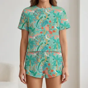 Women's Tropical Print Pajama Set, Soft Breathable Fabric, Palm Tree & Bird Pattern, Short Sleeve Lapel Top & Elastic Waist Shorts, Casual Comfy Sleepwear for Summer Vacation