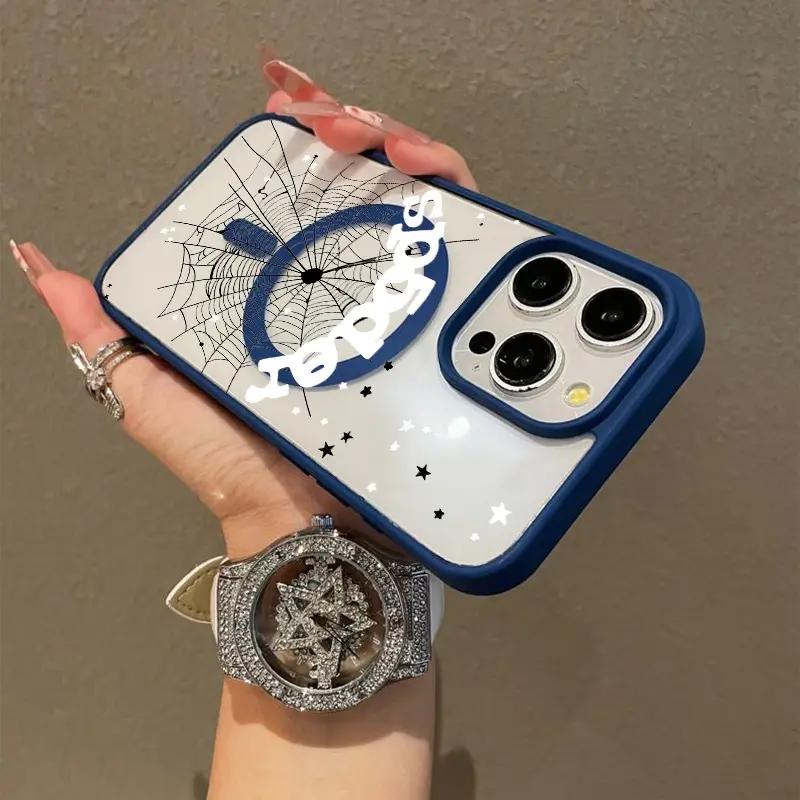 Spiderweb and Star pattern magnetic MagSafe quick-release protective case, suitable for iPhone 17/16 Pro Max, 15 Pro, 14, 13, 12 Mini, 11, XR, XS Plus, SE, shockproof and anti-slip, ultra-thin silicone transparent acrylic protective case