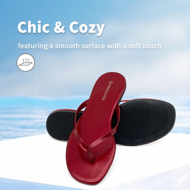 Lumubby Classic Women's PU Flat Flip-Flops Durable Slip-Resistant Slippers for Indoor Outdoor Beach Pool Use Square-Toe Design Mirror-Surface Finish Unisex Stylish Lightweight