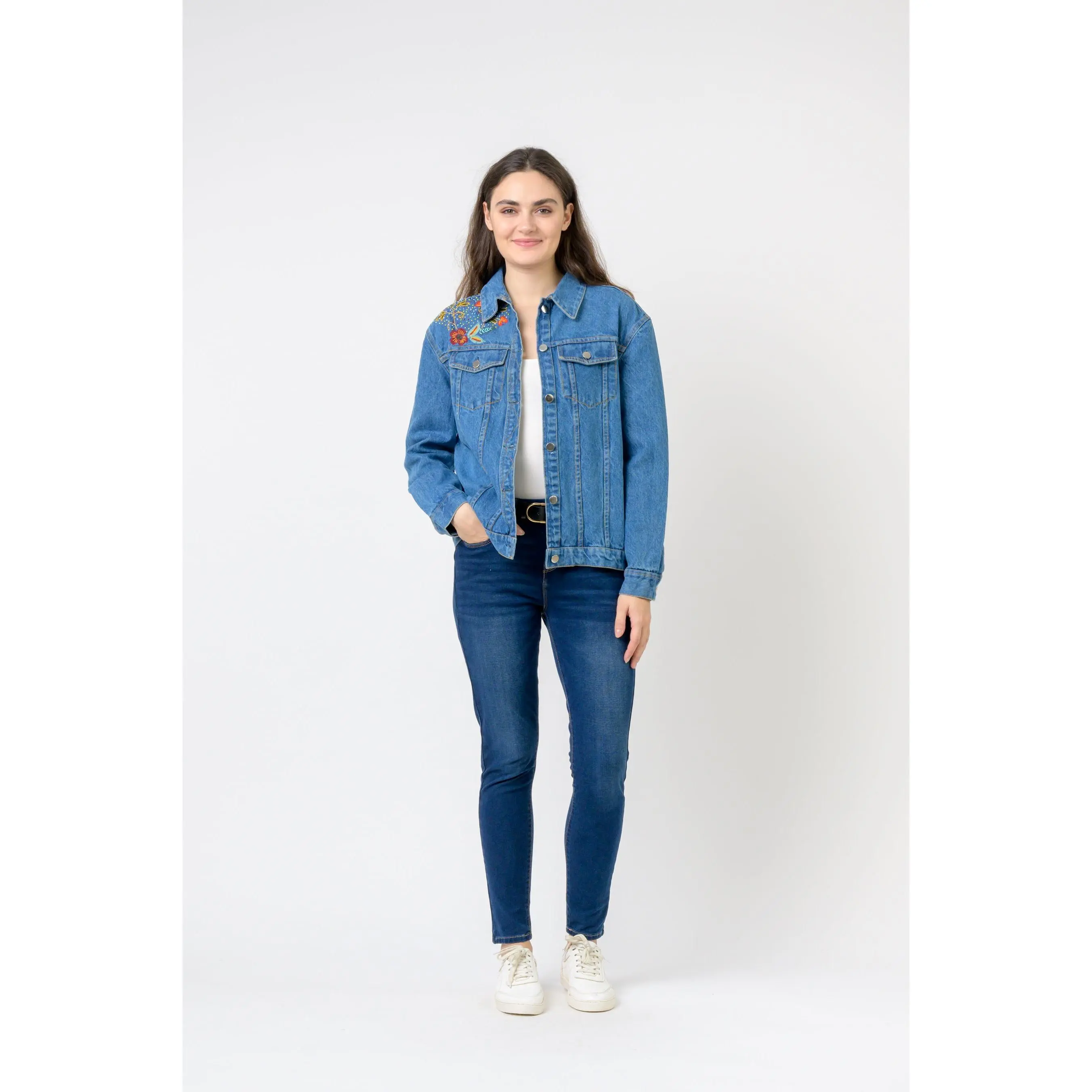 Rhea Cropped Embroidered Denim Jacket