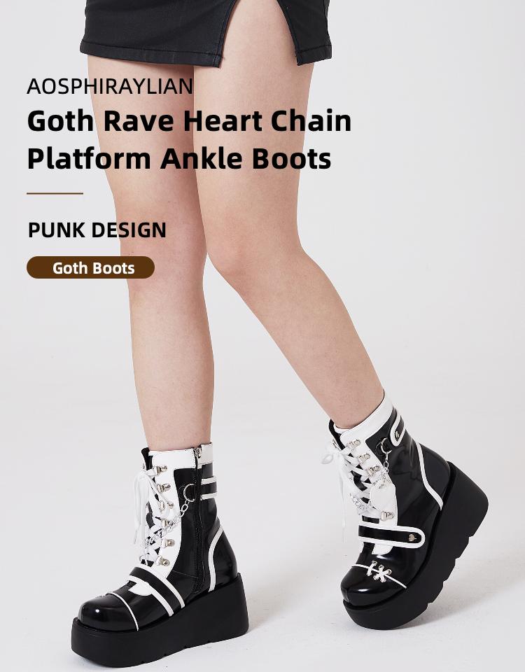 Platform Ankle boots for Women Goth Rave Boots Kawaii Shoes Cute Heart Lace Up Rave Wedge High Heel Round Toe Combat Boots Zipper Wedges Mid Calf Booties with Chain Outdoor Dress