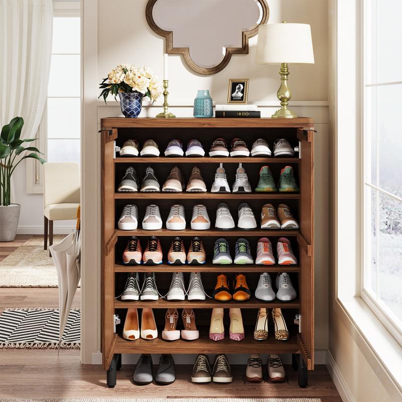 Spaco 6-Tier Shoe Cabinet with Louvered Doors, Large Wooden Shoe Storage Cabinet with Adjustable Shelves, Modern Freestanding Shoe Organizer Cabinet for Entryway, shelf for Hallway