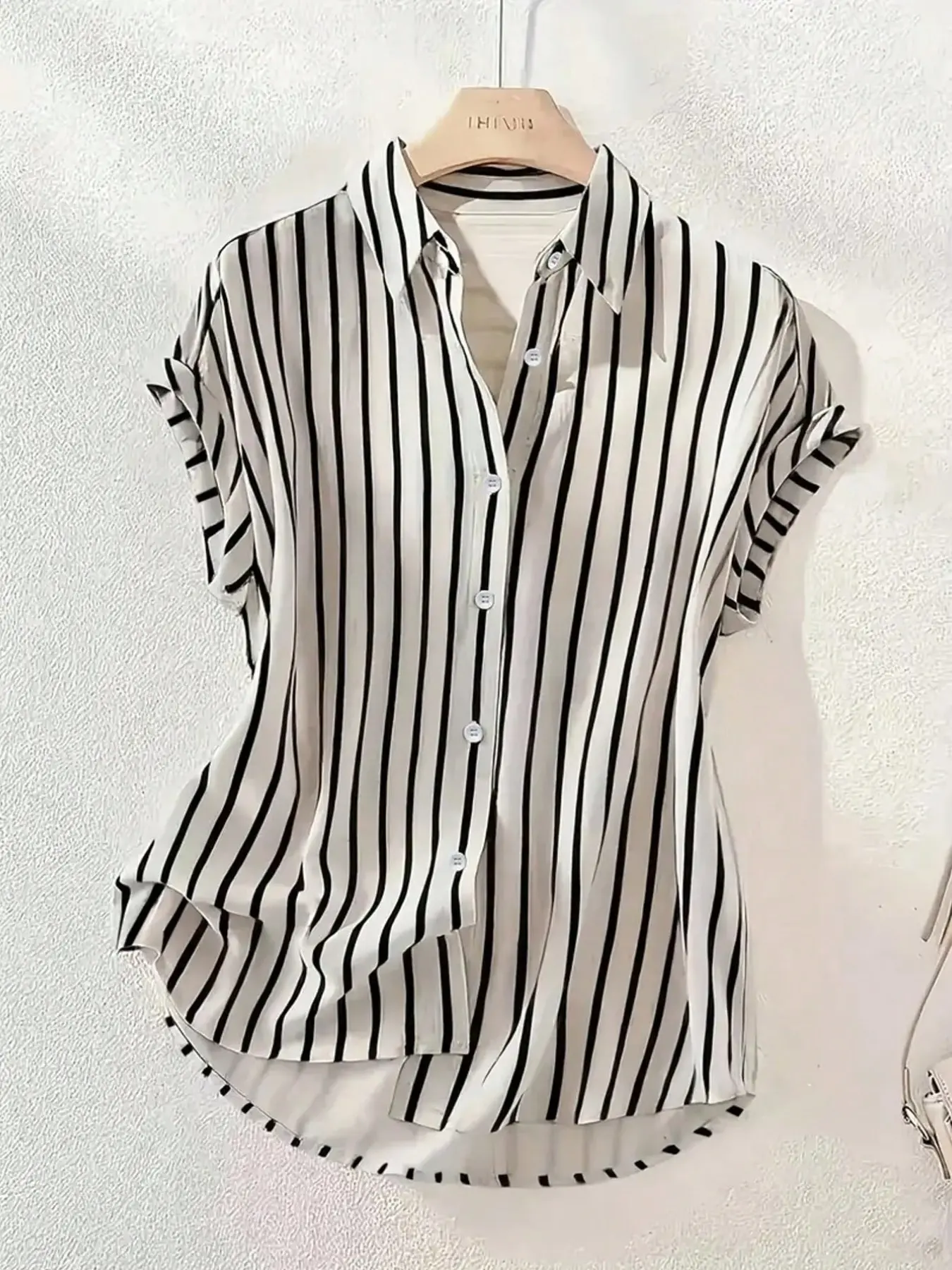Women's Summer Striped Collared Blouse, Single-Breasted Drop Shoulder Short Sleeve Shirt, High-Low Hem Polyester Colorblock Button-Front Top